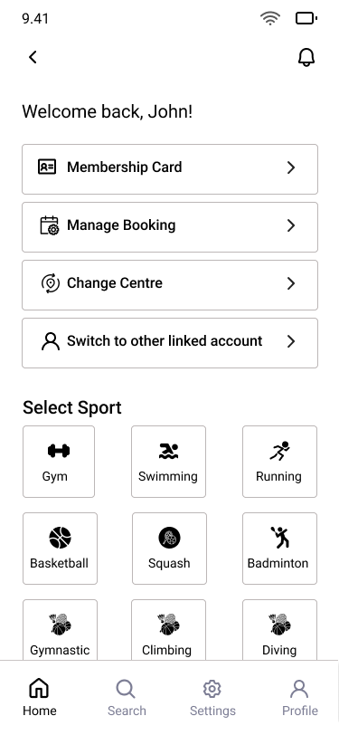 Leisure Centre - Home Screen Design