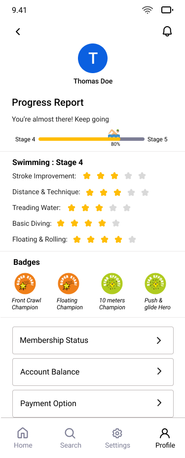 Leisure Centre - Profile Screen Design